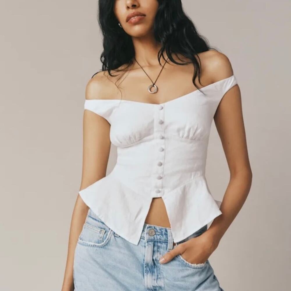 Reformation Lilly White Linen Off-Shoulder Peplum Top Size 0
